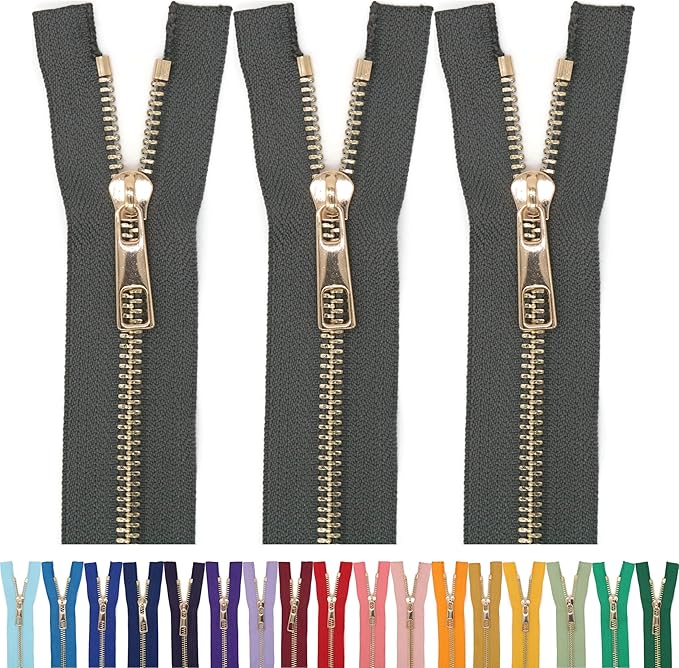 #5 Gold Metal Zipper - 50+ Colors - 3 PCS - (4-14 inches) Sizes - Luxury Lightweight Handcraft Metal Zippers with pulls for Purses Bags Pockets Shoes Sewing & Crafts DIY ZP02524