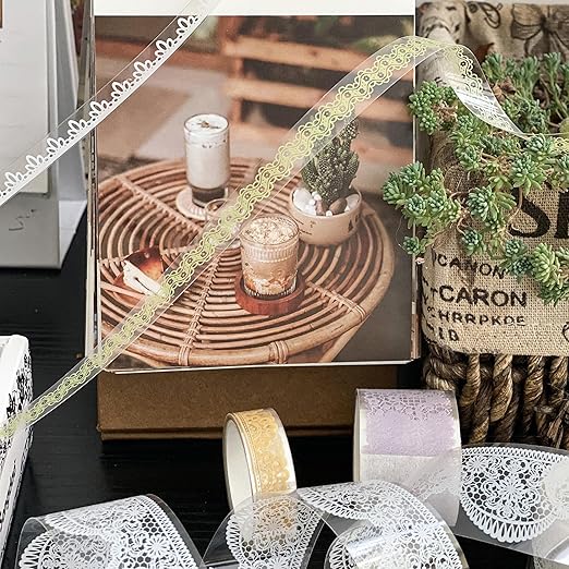6 Rolls Lace Patterns PET Tapes Floral Arts Decorative Tape Set Adhesive Transparent Masking Tapes for DIY Craft, Kids, Scrapbook, DIY, Gift Wrapping, Journal (Black and White)