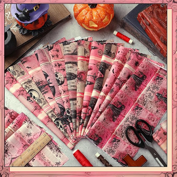 Ganeen 60 Pcs 10 x 10 Inch Pink Gothic Halloween Quilting Fabric Squares Vintage Pink Ghost Fat Patchwork Precut Strips Retro Bat Skull Fabric Bundles for DIY Craft Sewing Quilt Material Handmade