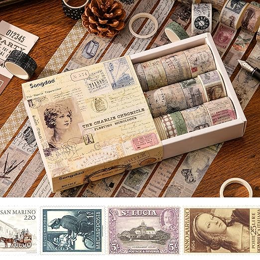 20 Rolls Vintage Washi Tape Set Retro Arts Adhesive Tapes Fleeting Monologue Decorative Masking Tape Sets for Craft, Kids, Scrapbook, DIY, Gift Wrapping (Charlie Chronicle)