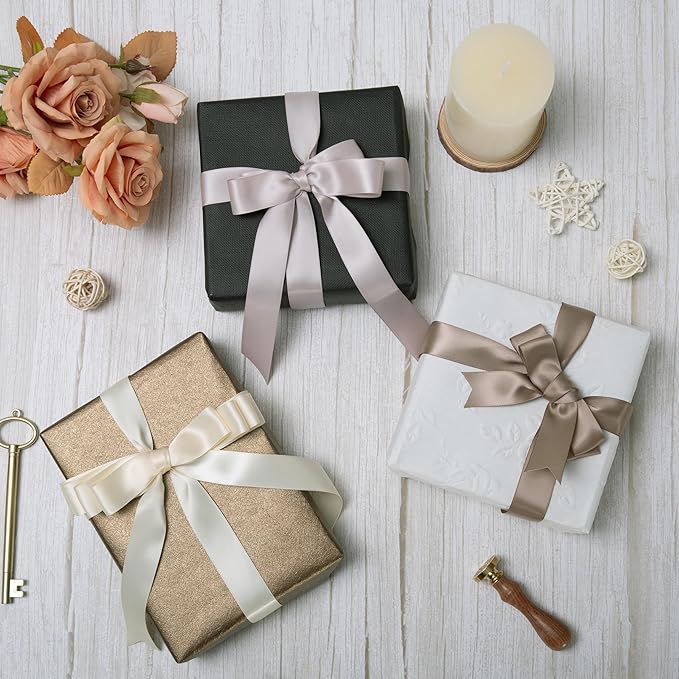 Champagne Double Face Satin Ribbon 1 Inch x 45 Yards Ivory Fabric Ribbon for Gift Wrapping, Flower Bouquets, Hair Bows Making, Wedding Decoration, Invitation Cards, Christmas (3 Rolls *15Yd)