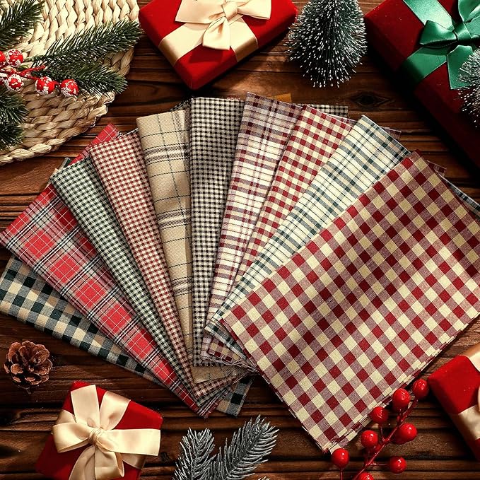Hahafelt 10 Pcs Vintage Christmas Quilting Fabric 18 x 22 Inch Plaid Homespun Cotton Fabric Jelly Squares Lattice Rustic Precut Santa Claus Quilting Strips for Xmas Craft Sewing DIY