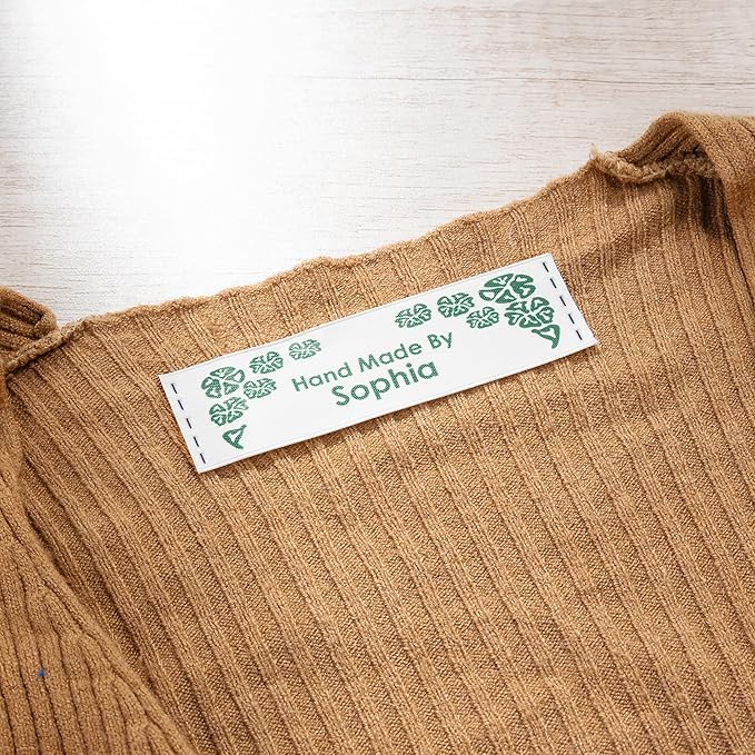 callie Personalized 25-200Pcs Sewing Labels - Custom Text & 10 Cute Pattern, Fabric Handmade with Love Sewing Tags for Clothes, Gifts for Knitting DIY Craft Lovers