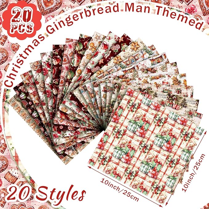 HunnmingRe 20 Pcs 10''x10'' Christmas Gingerbread Man Quilting Fabric Square Xmas Tree Santa Candy Cane Quiltted Fabric Bundle Mlticolor Precuts Printed Patchwork Supplies for Holiday DIY Sewing Craft