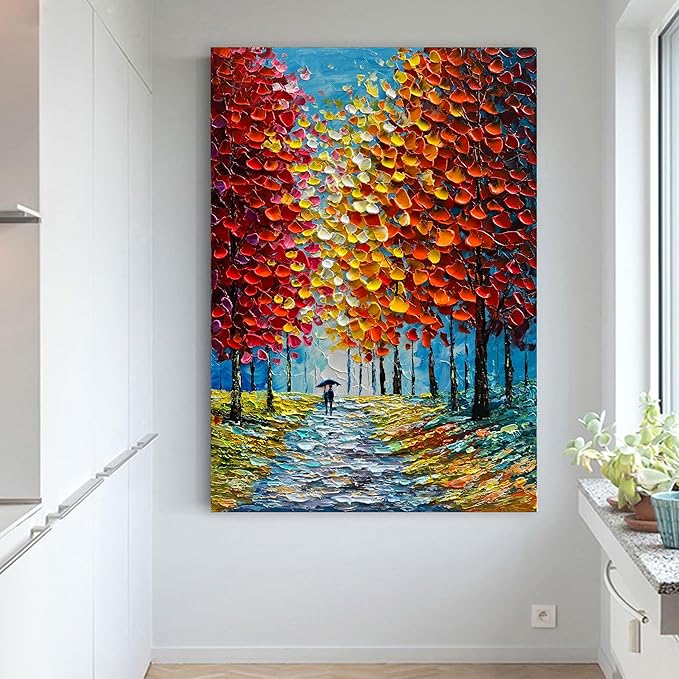 Art Hand-Painted Modern 3D Abstract Oil Painting 45x30 Inch Large Forest Landscape Vertical red Canvas Wall Art Living Room Bedroom Art Decoration