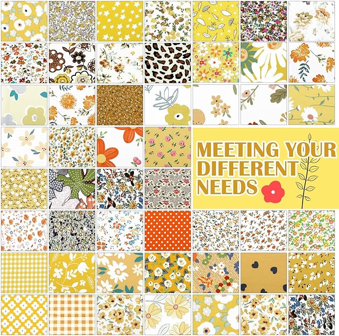 Kinlop 600 Pcs 5 x 5 Inch Floral Charm Packs for Quilting Yellow Flower Cotton Fabric Square Bulk Precut Fabric Squares Strips Printed Yellow Floral Patchwork for DIY Craft Sewing Accessory