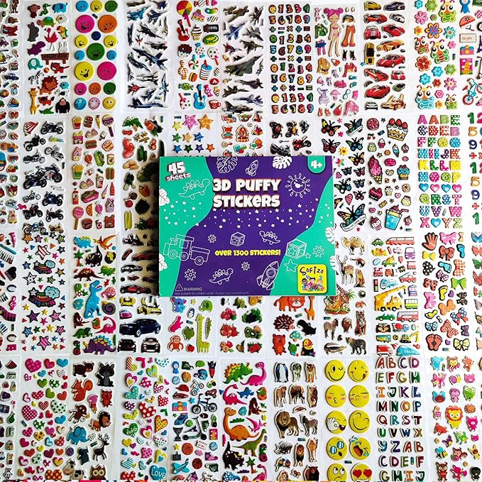 Puffy Stickers for Kids 45 Sheets - 3D Puffy Sheets - 1300+ Kids Stickers - Perfect for Party Bag Fillers, Sticker for Scrapbooking, Fun with Sticker of Cars, Letters, Numbers, Dinosaur, Stars & More