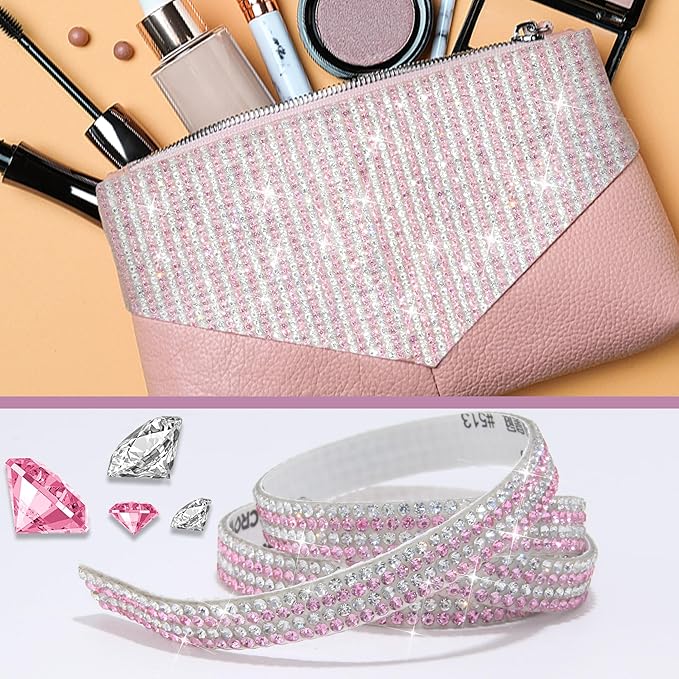 4 Rolls Rhinestone Tape Self Adhesive Crystal Ribbon Diamond Bling Strips with 2 mm Glitter Sticker for Arts Crafts Wedding Birthday Party DIY Event Car Phone Decoration (Silver+Pink)