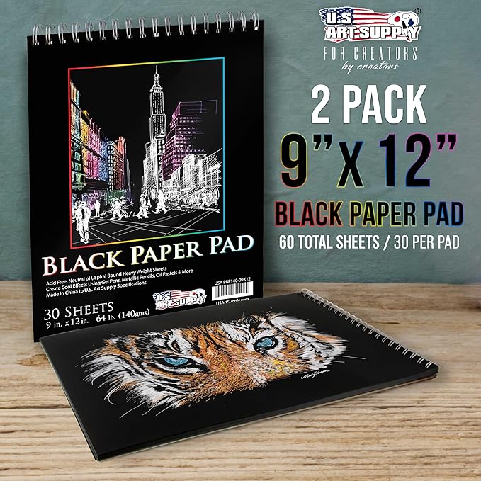 U.S. Art Supply 9x12 Premium Heavy-Weight Black Paper Sketchbook, 64lb (140gsm), 2 Pack, 30 Sheets, Spiral Bound, Black Paper Notebook for Colored Pencil, Markers, Oil Pastels, Chalk, Charcoal