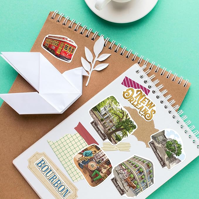 Navy Peony Jazzy New Orleans Travel Stickers (28pcs) - Big Easy, NOLA, America City-Themed Vacation Stickers for Scrapbooking, Journals, Suitcase