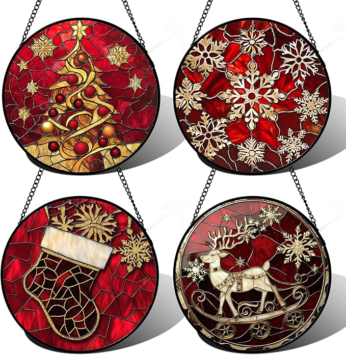 Stained Glass Window Hanging 4 Pcs Set Red Christmas Elk Snowflakes 9.8" - Deer Suncatcher Door Garden Sun Catcher Decor Birthday for Mom Woman Nana Men Friend