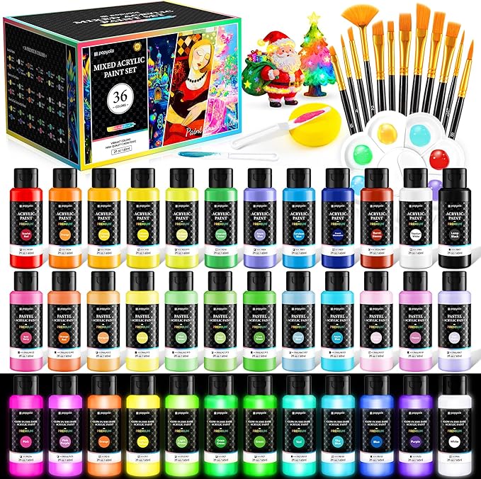 52 PCS Classic & Pastel & Glow in the Dark Acrylic Paint Set with 12 Brushes, 2 Knives & Palette, 36 Colors Art Craft Paint for Beginners, Canvas Ceramic Rocks Wood Painting Kit Art Supplies