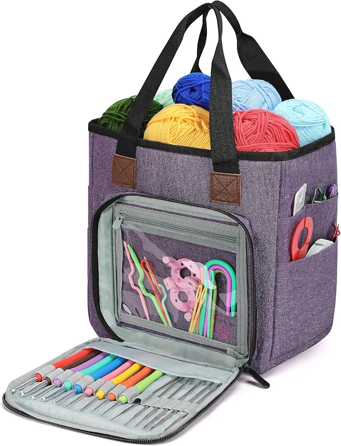Crochet Bag Organizer, Knitting Yarn Bag Tote on the go, Crocheting Storage for knitters Supply Only Bag No Accessories(Purple)