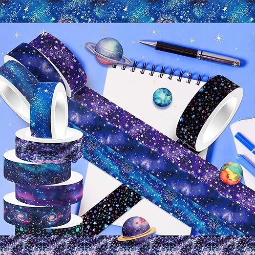 12 Pcs Starry Sky Washi Tape Set Starry Sky Galaxy Washi Tapes Space Themed Patterned Masking Tape Sets Starry Sky Decorative Paper Sticker for Scrapbook DIY Craft Gift Wrapping Handbook Sticker