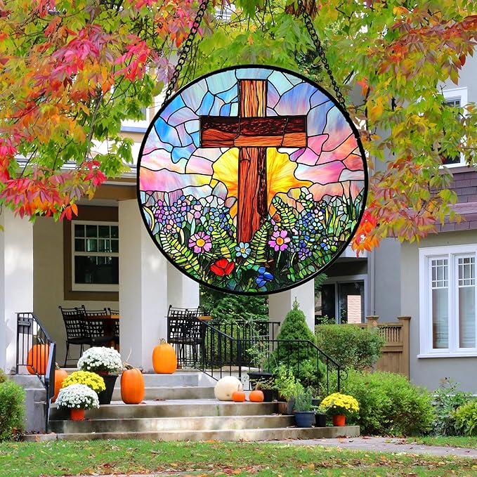 Christian Gifts for Women - Cross Stained Glass Window Hanging Jesus Easter Colorful Wildflowers Sun Catcher Garden Religion Decor Mother's Day Catholic Gift for Men Grandma Mom Her 15"