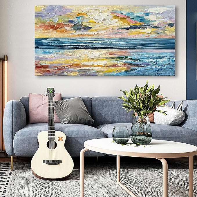 Art Hand Painted Ocean Landscape Oil Painting Sea Sunset Landscape Modern Abstract Art Home Wall Decoration 24x48 Inches