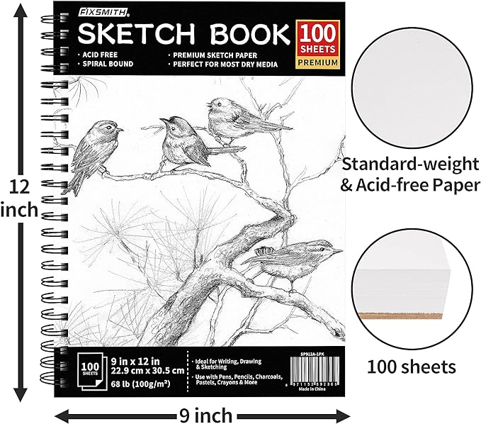 FIXSMITH 9"X12" Sketch Book | 100 Sheets (68 lb/100gsm) Spiral Sketchbook | Acid Free Drawing Paper | Sketch Pad for Kids,Beginners,Artists & Professionals| Bright White