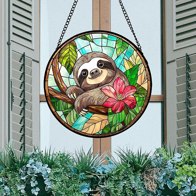 Stained Glass Window Hanging, Cute Sloth Sun Catcher for Door Home Decor Animal Suncatcher Christmas Mother's Day Birthday Gifts for Women Men Mom and Nana 11.8 in