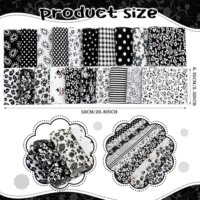 Ganeen 200 Pcs Christmas Fabric Patchwork Roll Quilting Fabric Roll up Quilting Strips 2.5 Inch Precut Patchwork for Craft Sewing DIY Crafts (Black White)