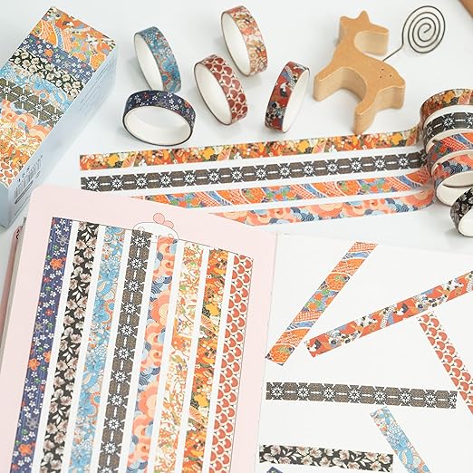 10 Rolls Ukiyo-e Style Washi Tape Set Japanese Kyoto Arts Adhesive Tapes Skinny Decorative Masking Tape Sets for Craft, Kids, Scrapbook, DIY, Gift Wrapping (Waves of Tradition)