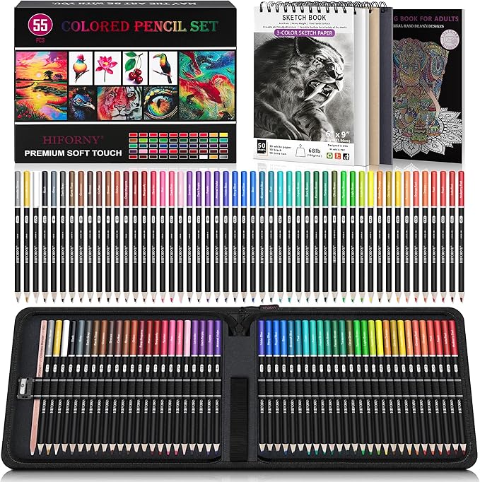 HIFORNY 55PCS Colored Pencils Set for Adults – 50 Soft Core Colored Pencils with Sketchbook, Coloring Book, Blender, Sharpener & Color Chart – in Gift Box & Zipper Case