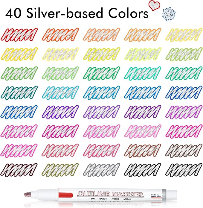 Shuttle Art Double Line Outline Permanent Markers, 40 Colors Squiggles Shimmer Markers Set, Self Outline Metallic Marker Pens for Art, Drawing, Doodling, Card Making, Christmas Card, DIY Crafts