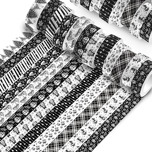 12 Pcs Black Christmas Washi Tape Watercolor Xmas Pattern Masking Tape Decorations Christmas Eve Decorative Paper Sticker for Vintage Journals, Planners, DIY Craft Gift Wrapping