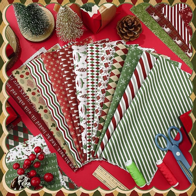 Oudain 60 Pcs 10 x 10 Inch Christmas Vintage Stripe Quilting Fabric Squares Vintage Xmas Fat Patchwork Precut Strips Santa Deer Fabric Bundles for Xmas DIY Craft Sewing