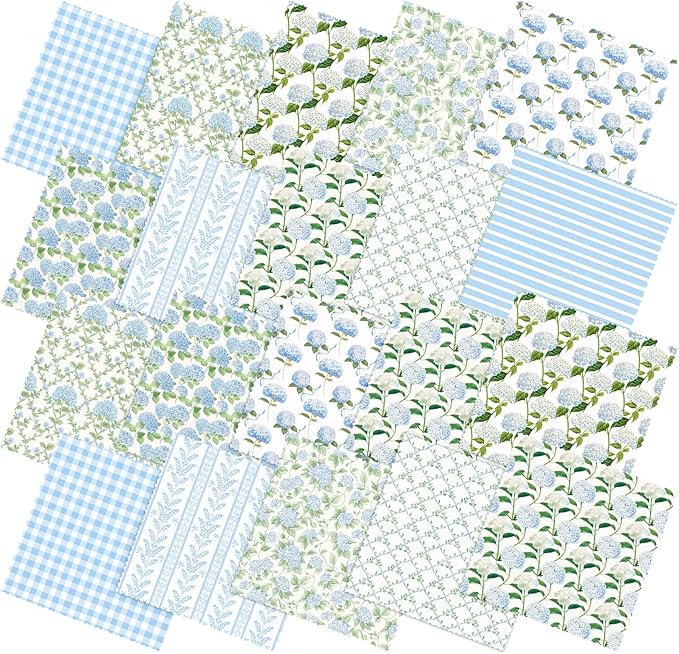 Hahafelt 10 Pcs Spring Hydrangea Quilting Fabric Bundles 20 x 20 Inch Dusty Blue Hydrangea Floral Squares Quarters Fat Fabric by The Yard Sewing Precut Patchwork for Spring Summer DIY Craft Decor