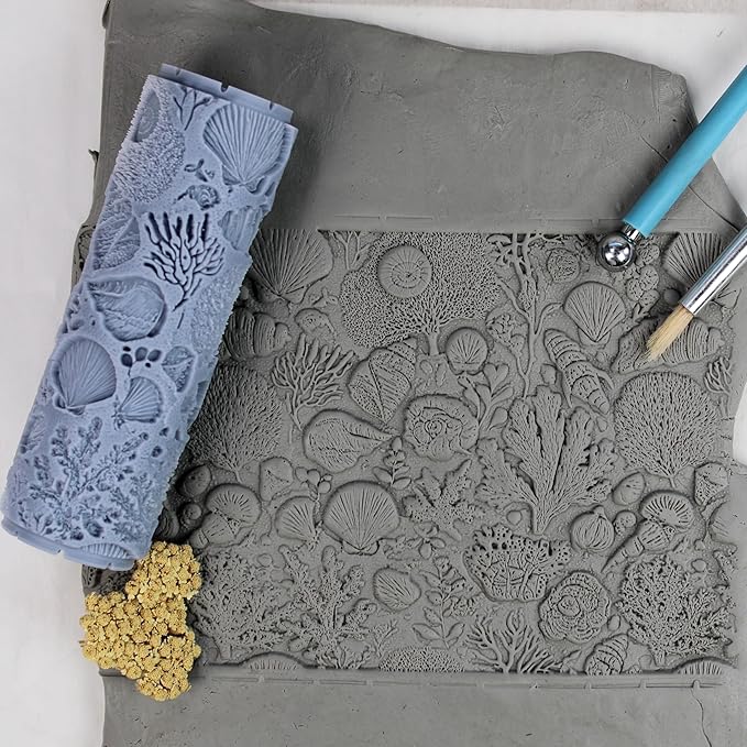 Ocean Floor Collage Clay Texture Roller (4") - Seamless Ocean Set #01 - Embossing Pattern Roller for Polymer & Ceramic Clay, Pottery & Crafts