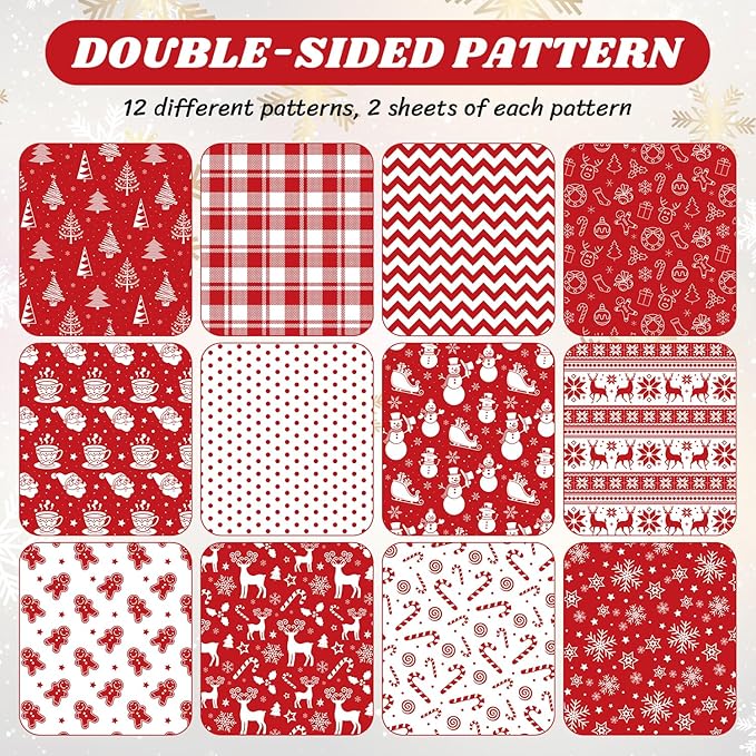 24 Sheets Christmas Scrapbook Paper 12'' × 12'' Double-Sided Xmas Red Pattern Paper Decorative Art Cardstock for Holiday DIY Crafts Card Making Scrapbook Supplies