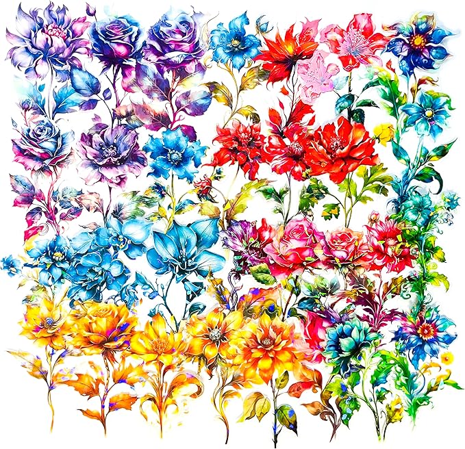 Yoksas Large Holographic Shiny Fantasy Flowers Stickers - 30Pcs Waterproof Clear Glitter Floral Scrapbook Stickers for Junk Journals,Planner,Resin Art Supplies