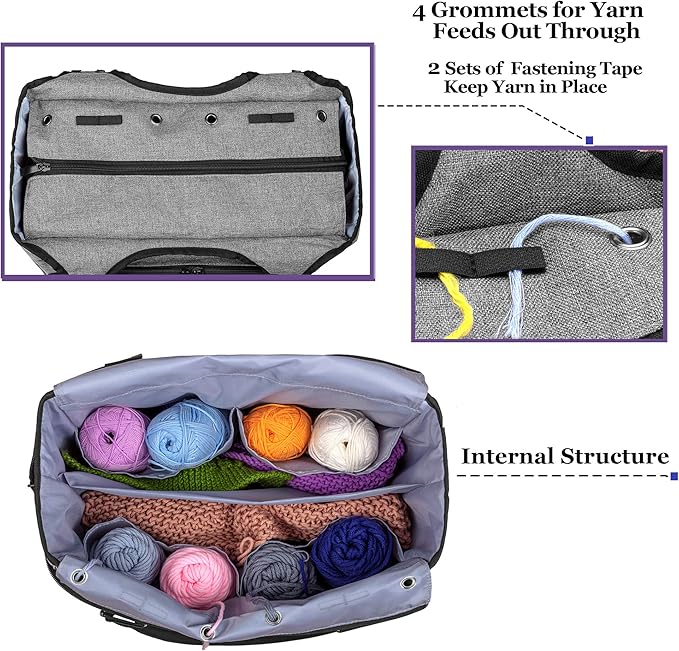 YARWO Knitting Tote Bag, Yarn Storage Organizer for Yarn Skeins, Knitting Needles, Crochet Hooks and Knitting Projects, Christmas & New Beginnings Gifts for Women, Gray with Arrow (Patent Pending)