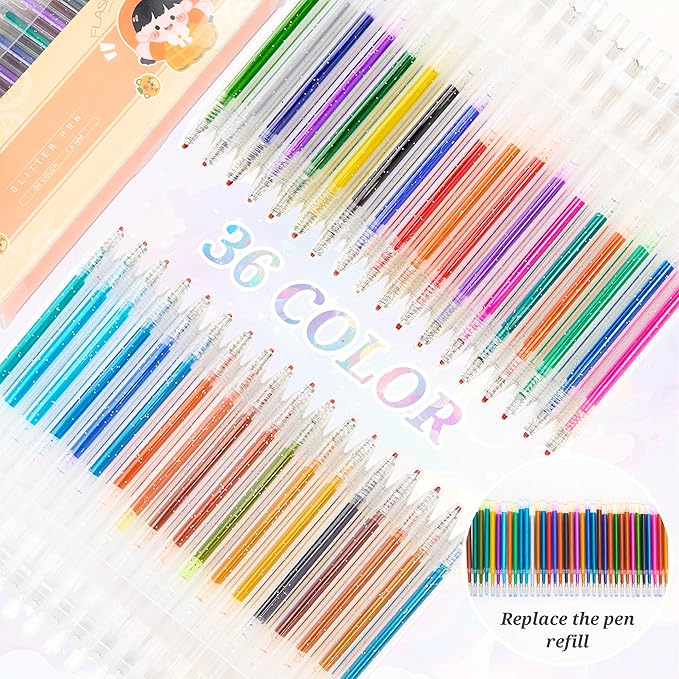 Gel Pens for Coloring - 36 Vibrant Colors Water-Based Food-Grade PP Retractable Glitter Sparkle Gel Pens Colored with Non-Toxic Ink and Thick Anti-Slip Barrels for Adult Coloring Books and Drawing