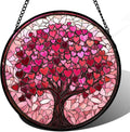 Stained Glass Window Hanging, Pink Love Tree of Life Sun Catchers Colorful Glass Panel Suncatcher Decor for Birthday for Women, Men, Wife, Lovers, and Mom 14.9x14.9 in