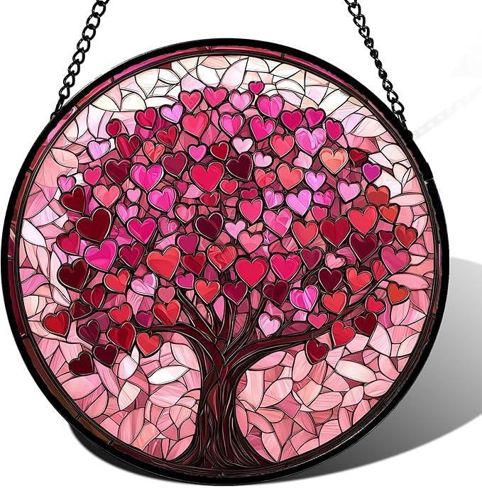Stained Glass Window Hanging, Pink Love Tree of Life Sun Catchers Colorful Glass Panel Suncatcher Decor for Birthday for Women, Men, Wife, Lovers, and Mom 14.9x14.9 in