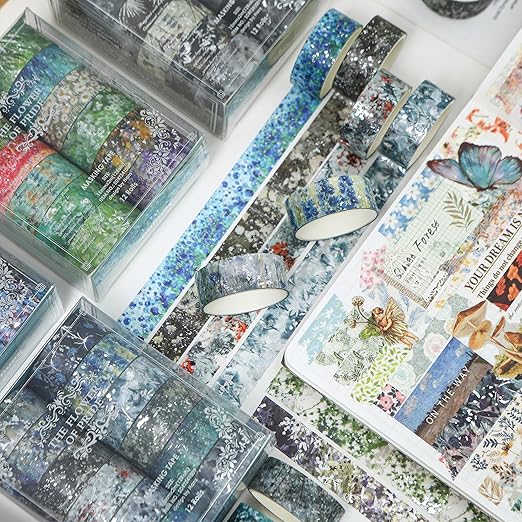 12 Rolls Flowers Washi Tape Set Floral Arts Adhesive Tapes Splast Silver Decorative Masking Tape Sets for Craft, Kids, Scrapbook, DIY, Gift Wrapping (Verdant Glow)