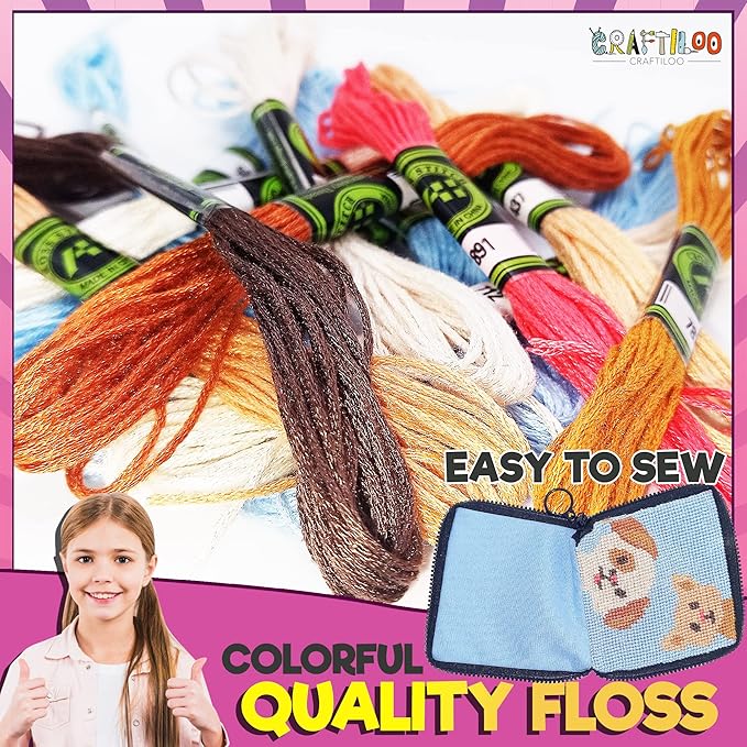 CRAFTILOO Pre Printed Needlepoint Wallet kit for Kids Embroidery Arts and Crafts Sewing Set Cross Stitch (Cat&Dog)