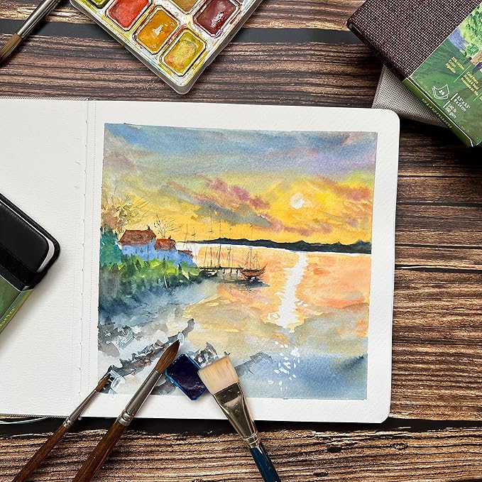 tumuarta Square Watercolor Journal, 8.25x8.25”, 140 LB, 300 GSM, 25% Cotton, Cold Press, 24 Sheets, 48 Pages, Watercolor Paper Sketchbooks for Use As Travel Mixed Media Pads Plein Air Set