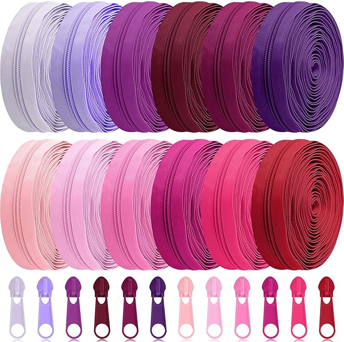 Syhood 36 Yards 12 Pieces #5 Sewing Zippers Tapes Assorted Nylon Lightweight with 120 Plastic Zipper Sliders for Women Men Sewing Supplies(Princess Pink)