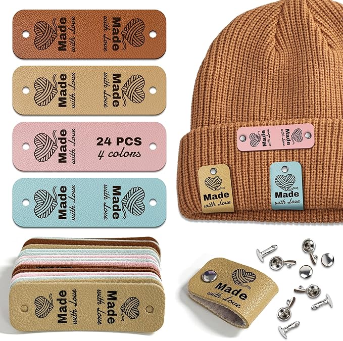 24pcs Crochet Tags for Handmade Items Made with Love Leather Tags for Crochet Items, Knitting Accessories with Rivets, Suitable for Scarves Hats Gloves, Gifts for Crocheters (Layout A)
