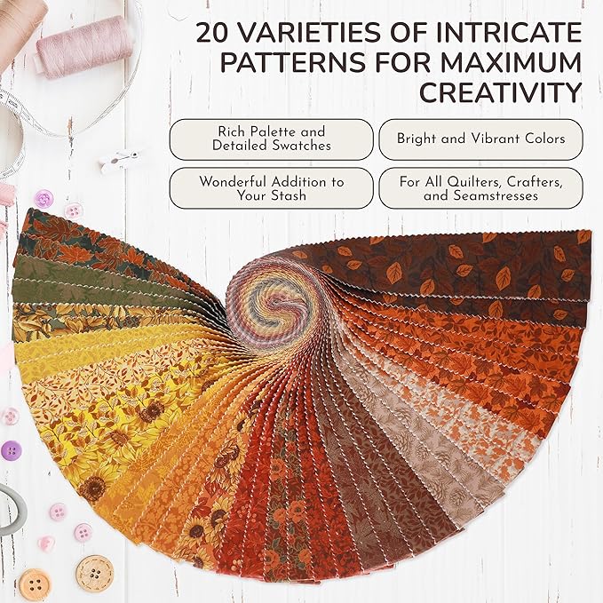 Tinyspool & Co. Quilting Bundle – Fall is Here Jelly Roll + 3-Yard Fabric for Each Print: No.14 – Sunflower Yellow, No.9 – Oriental Red, No.20 – Rustic Green