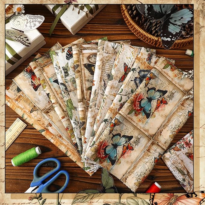 Hahafelt 10 Pcs Vintage Butterfly Fat Quarters Bundles 20 x 20 Inch Retro Fat Squares Quilting Fabric Butterfly Floral Precuts Printed Patchwork Supplies for Christmas DIY Sewing Craft