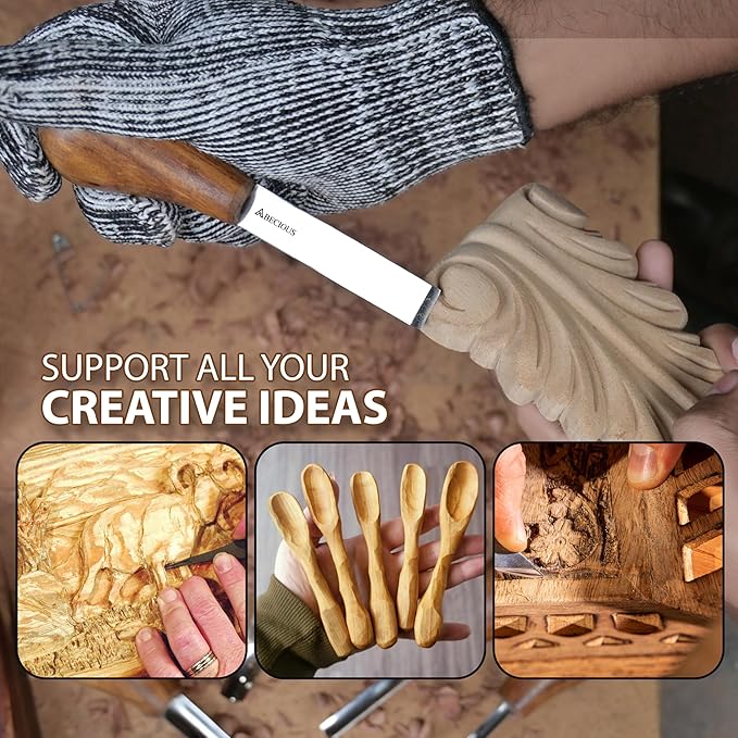 Premium Wood Carving Tools Set of 6 Pcs - Wood Carving Kit with Gloves for Woodcarving with Ash Handles Wood Carving set of Palm Gouges & Flat Chisels for Beginners to Whittling in Different Shapes