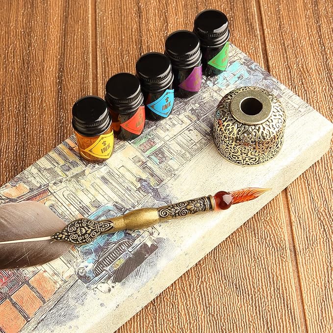 GC QUILL Feather Glass Dip Pen and Ink Set, Glass Calligraphy Pen with 5 Colors Ink and Pen Holder for Writing Drawing– MU-21