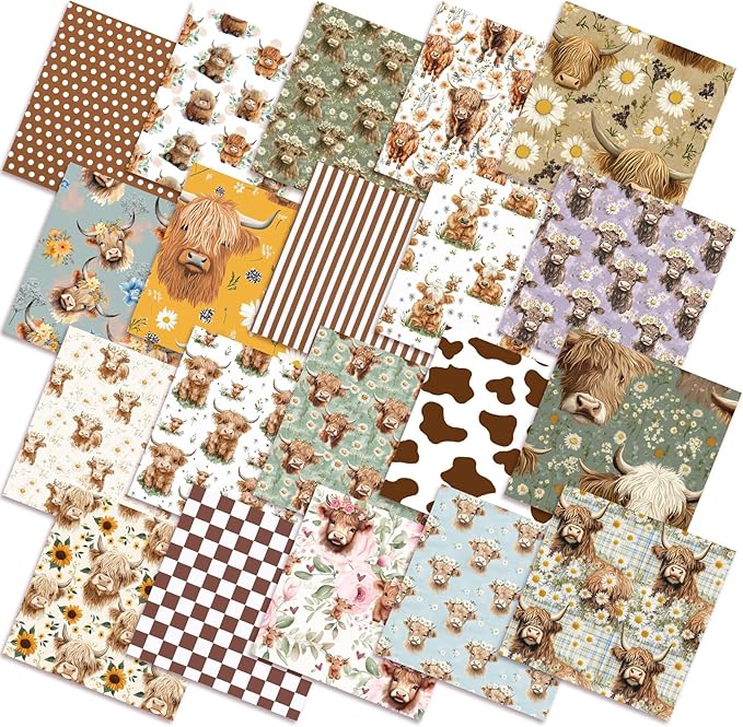 HunnmingRe 20 Pcs 10''x10'' Vintage Highland Cow Quilting Fabric Square Retro Highland Cow Quiltted Fabric Bundle Multicolor Precuts Printed Patchwork Supplies for Holiday DIY Sewing Craft