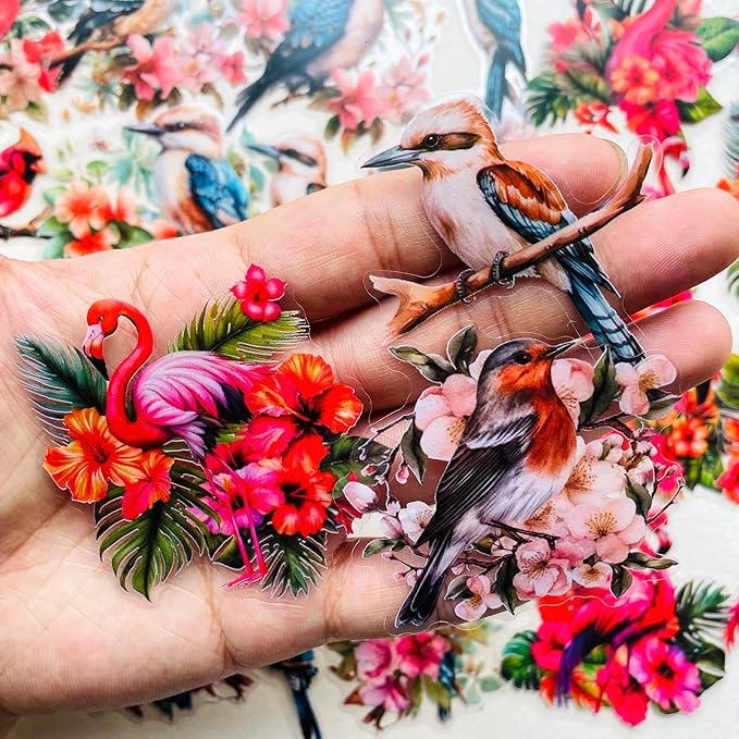 180 Pcs Clear Bird Flower Stickers for Scrapbooking – Vintage Watercolor Aesthetic Nature Forest Wildlife Botanical Sticker Pack for Journaling, Card Making, Resin Crafts