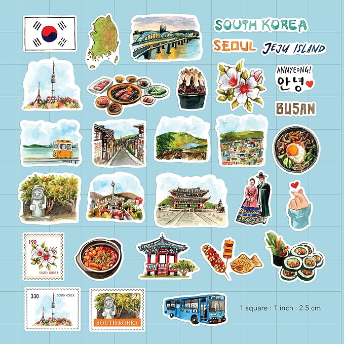 Navy Peony Scenic South Korea Travel Stickers (30pcs) - Watercolor, Waterproof, Iconic Seoul Vacation Decals for Journals, Scrapbooks, Water Bottles