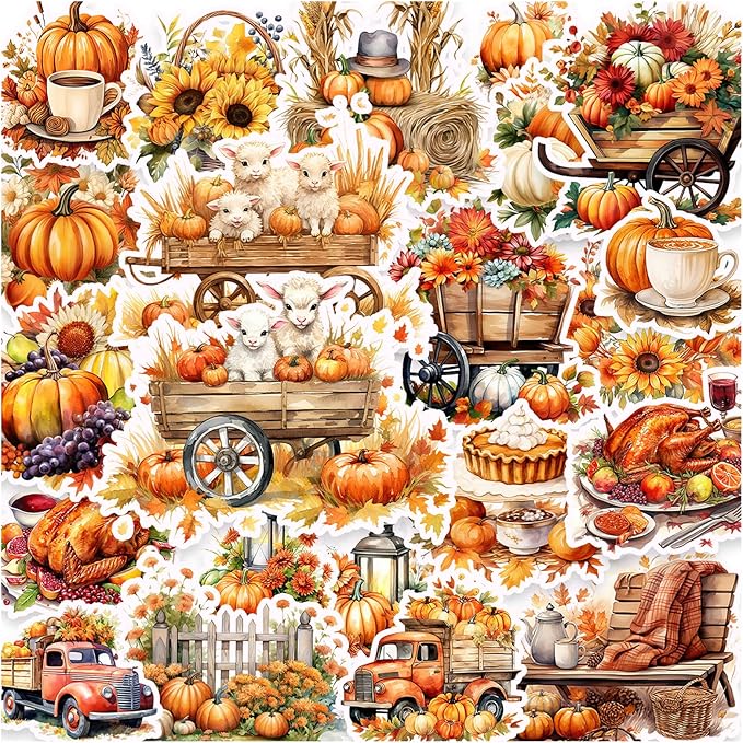 100 Pcs Thanksgiving Fall Stickers, Yellow Autumn Pumpkin Stickers for Teens Adults, Cottagecore Sticker Farm Sticker for Water Bottles Scrapbook Junk Journal Collage