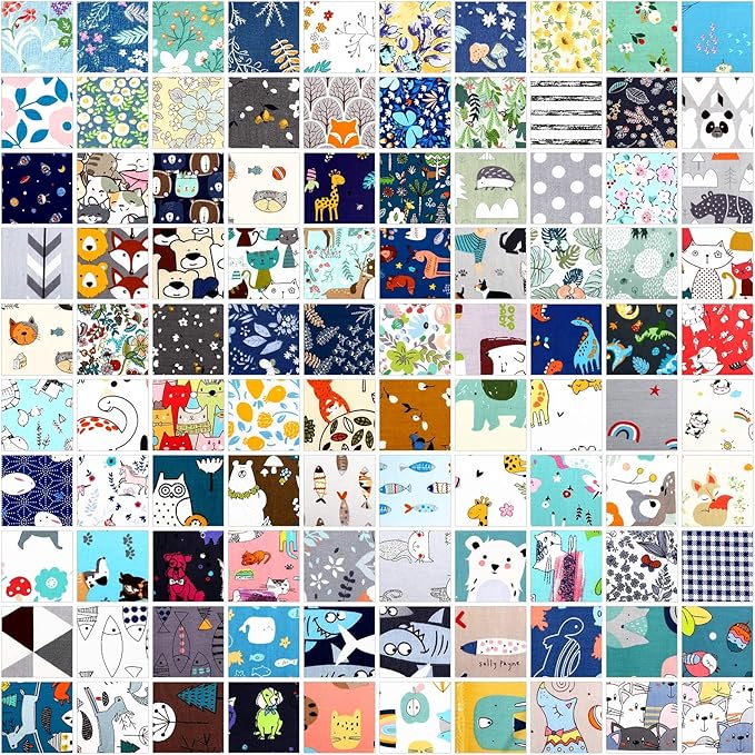 Oudain 100 Pcs 10 x 10 Inches Cotton Fabric Squares Bulk Floral Fabric Scraps Precut Fat Squares Material for Sewing Sheets for DIY Craft Scrapbooking Quilting Patchwork Clothing(10 Inch,Cute)